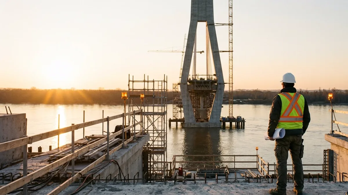 A civil engineer seen from behind at the edge of a bridge deck under construction, looking out over the river.