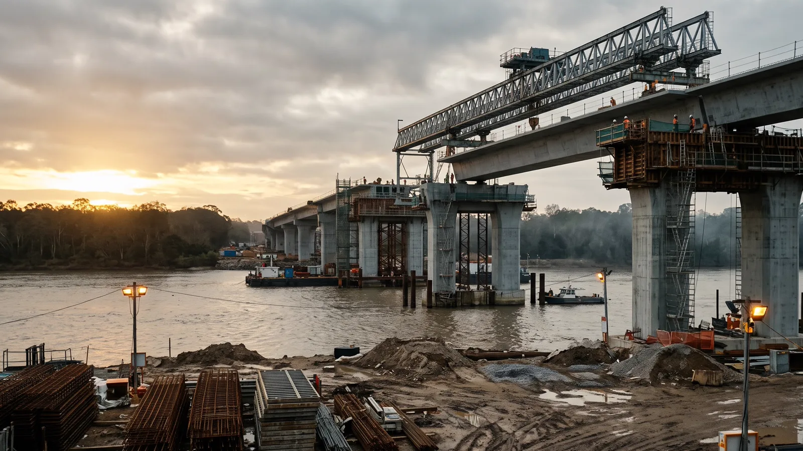 Concrete piers rising out of a river while a launching gantry places a span.