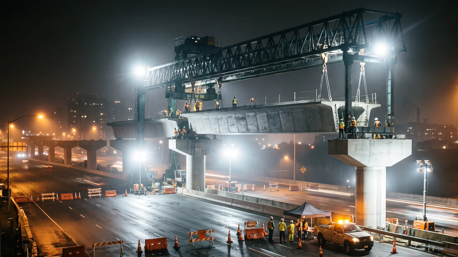 A precast metro viaduct span lifted into place by a gantry crane over a closed night road.