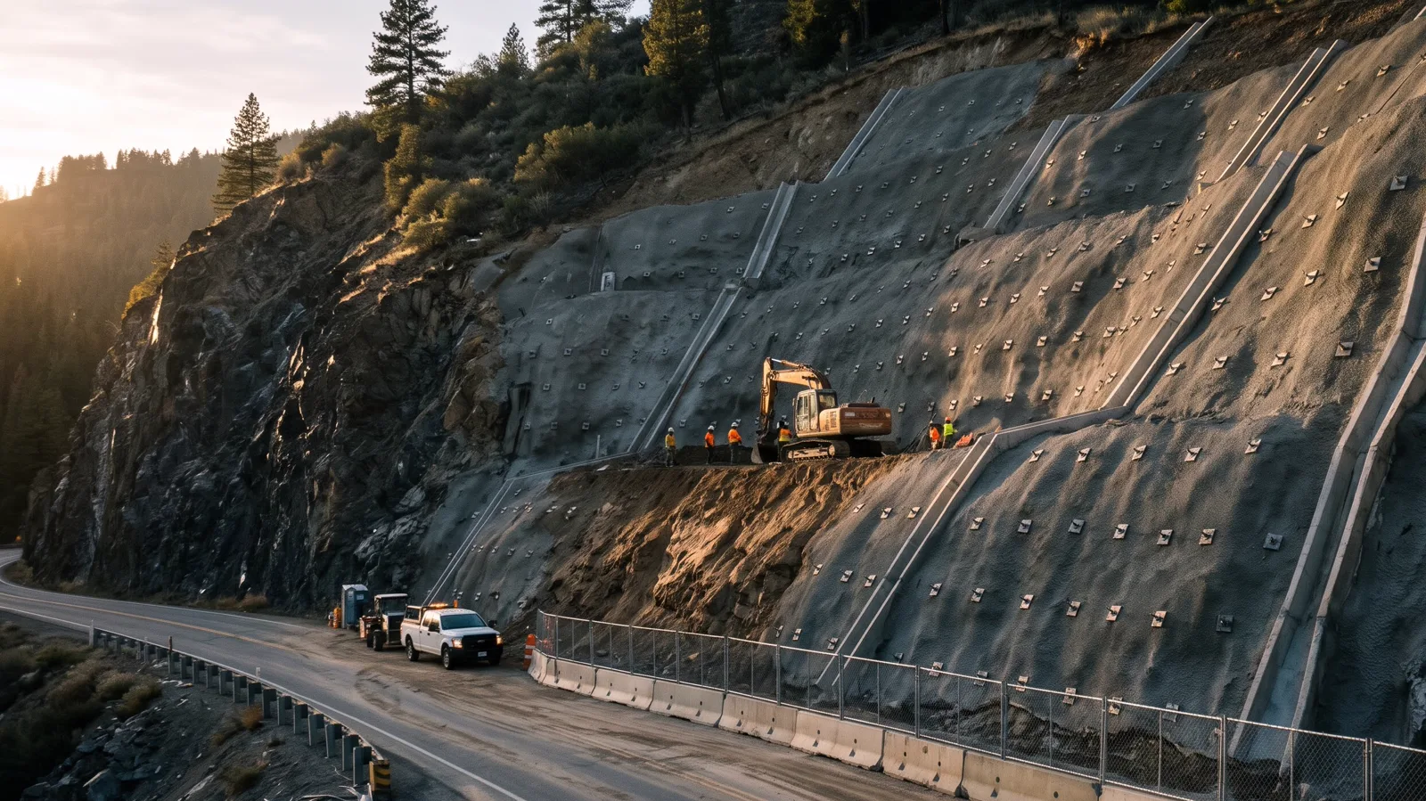 A steep cut slope above a mountain road being stabilised with rock bolts and shotcrete.