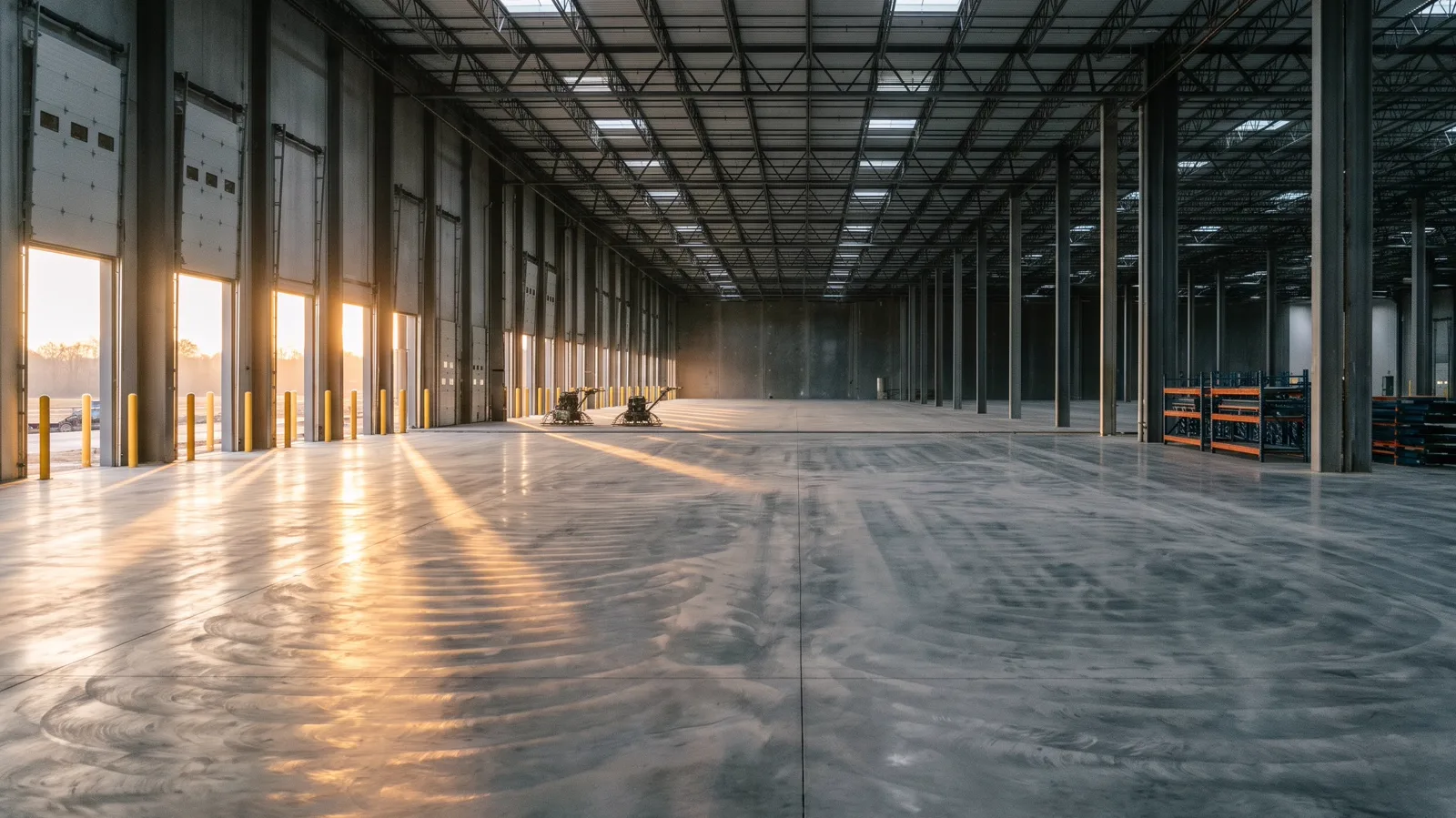 A vast freshly finished warehouse concrete floor with a power float at the far edge.